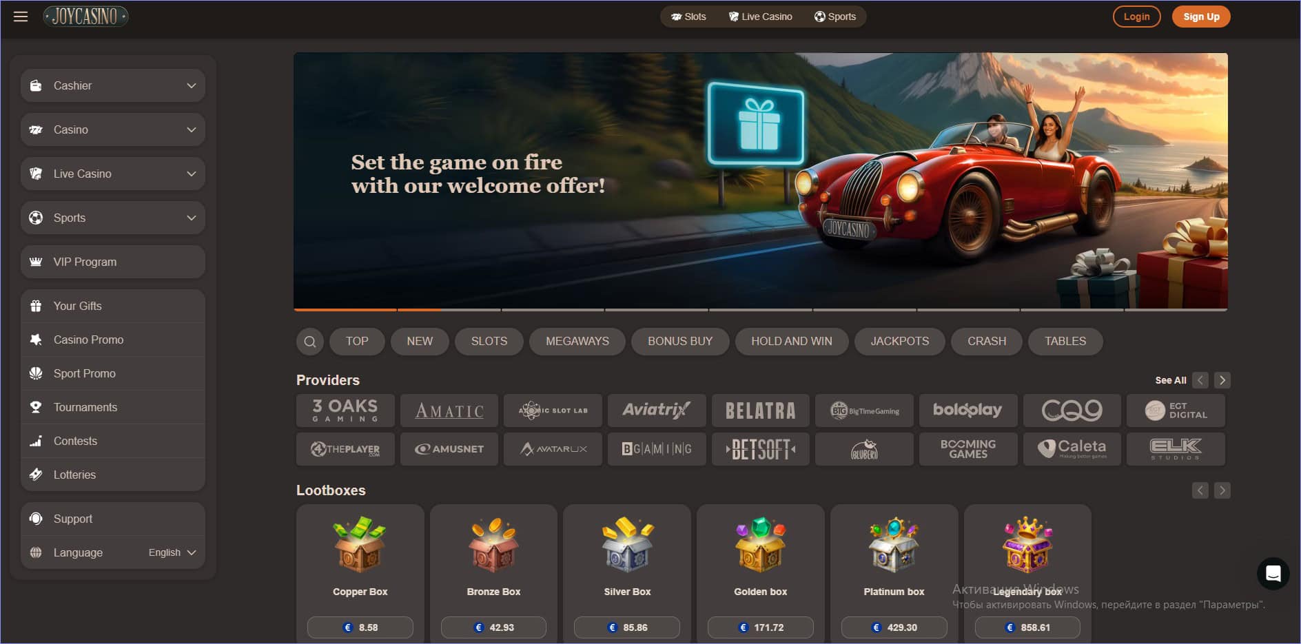 JoyCasino stylish game lobby design